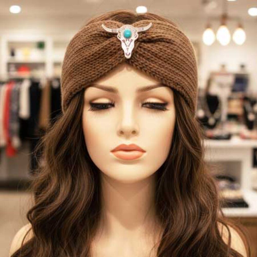 Ladies Brown Bull Head Knitted Winter Headband